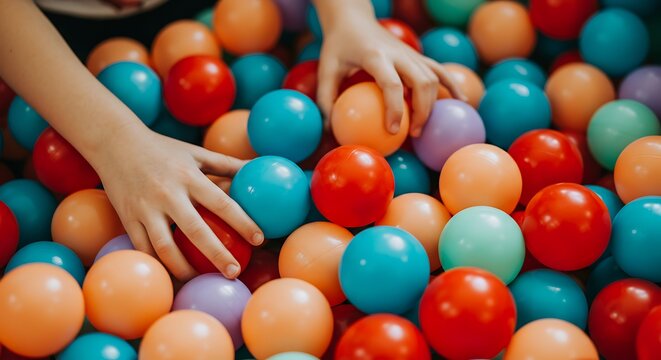 Childs hands playing in a colorful ball pit overhead view