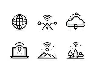 Minimalist Vector Icon Set Featuring Technology and Nature Elements in Monochrome Style for Digital Communication Applications