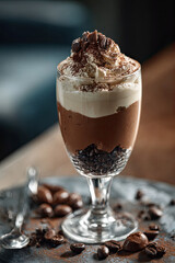 Layered chocolate mousse dessert in tall glass topped with whipped cream, chocolate shavings, and coffee beans on rustic metal tray