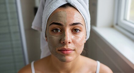 Close up of a smiling woman with half of her face covered in a clay mask and the other half with a clear hydrating gel, wearing a towel on her head. Skincare and beauty treatment concept.