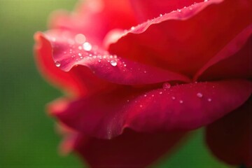 Dew Kissed Petals Micro level condensation glitter on delicate flower petals, showcasing shimmering water droplets. Macro photograph of dew drops clinging to the surface of a vibrant red rose petal.