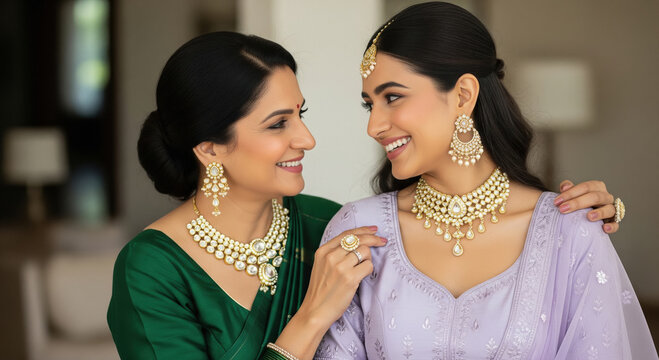 Joyful Indian women showcasing elegant traditional jewelry and attire - Powered by Adobe