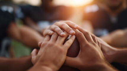 Football and hands in huddle with defocused team, faceless sports unity, athletic equipment detail, team gathering closeup, blurred players background, sports training atmosphere,