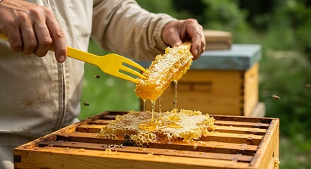 Beekeeper extracting fresh honeycomb from hive for honey production