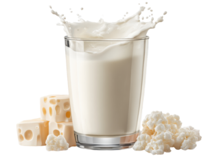 Transparent Glass of Organic Milk Surrounded by Fresh Cheese Cubes and Natural Probiotic Kefir Isolated on Transparent Backdrop For Food Industry Marketing