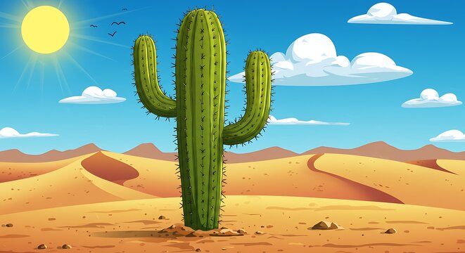 Cartoon cactus in desert landscape with sun and clouds illustration