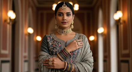 Fototapeta premium Elegant Indian woman in traditional attire and exquisite gold jewelry.