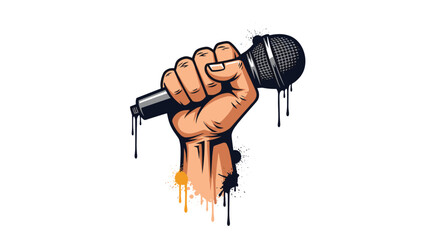 A powerful hand holding a microphone with dripping paint in a bold and artistic style.