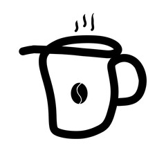 Minimalist coffee cup icon with steam and coffee bean symbol. Simple black line vector illustration perfect for cafe logo, beverage design, or coffee shop branding.