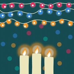 christmas background with candles and bright lamps