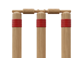 Wooden cricket wicket with red bands isolated on transparent background