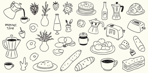 Delightful hand-drawn breakfast scene featuring various foods and drinks perfect for a cozy morning