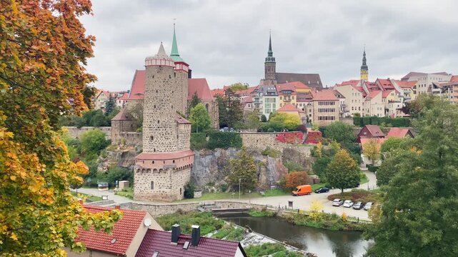 Autumn view of Bautzen in Saxony with Ortenburg castle and historic skyline
