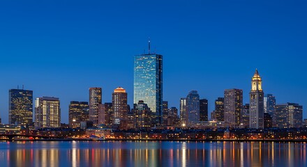 Obraz premium City skyline at dusk with illuminated buildings and reflecting water