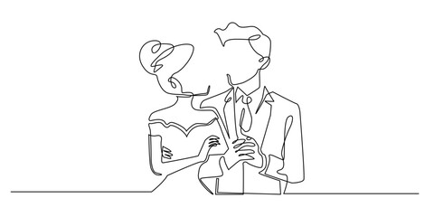 continuous line drawing of a man and woman embracing on their wedding day.a single line drawing of an elegantly dressed married couple, symbolizing romance, commitment, and happiness.