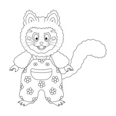 Male kitten. Cat in overalls decorated with flowers. Sketch. Vector illustration. Outline on isolated white background. Doodle style. Cat with fangs, whiskers and tail in pants with suspenders.