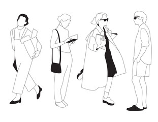 Set of 4 Diverse People – Black and White Line Art Architectural Style Hand-Drawn Vector Illustration