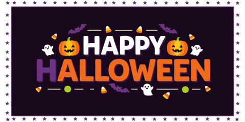 Delightful Happy Halloween banner with pumpkins, bats, ghosts and candy corn, perfect for spooky season greetings and party invites with a festive, colorful, and joyful vibe