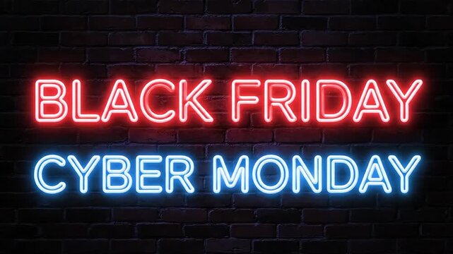 Bright neon signs announce Black Friday and Cyber Monday sales against a dark brick wall - Powered by Adobe