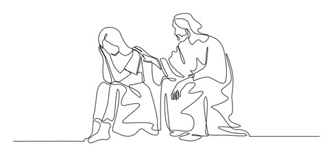 Continuous line of Jesus comforting a sad woman. One line drawing of Jesus shows divine love, compassion, forgiveness and comfort. Single line vector illustration.