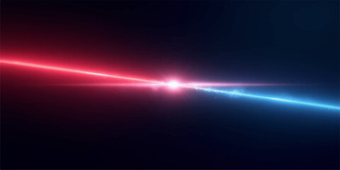 Two vibrant neon laser beams red and blue crossing and colliding in a dark abstract background © HooD