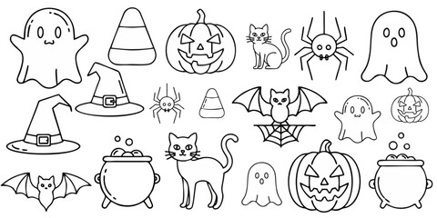 Spooky Halloween Outlines Ready to Color for Kids and Adults, Featuring Cute Ghosts, Pumpkins, Cats, and Bats Ready for Fun Holiday Activities and Craft Projects
