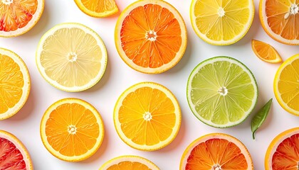 Obraz premium Assorted Citrus Fruit Slices Including Oranges Lemons Limes and Grapefruits Arranged Artfully on a White Background with a Sprinkle of Sugar