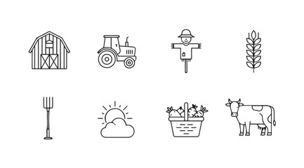 Collection of farm icons barn tractor scarecrow wheat pitchfork sun flower pot cow vector