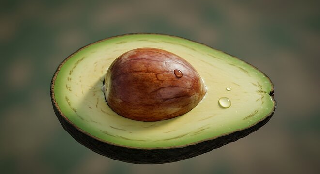 Close up of a sliced avocado with pit and water droplets - Powered by Adobe