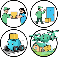 The evolution of delivery: from courier to robot and drone. Courier work is being automated, symbolizing the layoff and robotization of logistics due to progress. A set of 4 images.
