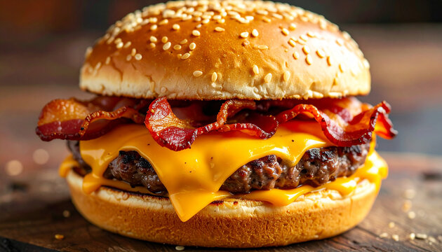 Cheeseburger with melted cheddar and crispy bacon on sesame bun in macro close-up - Powered by Adobe