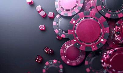 Pink casino chips and dice on dark background