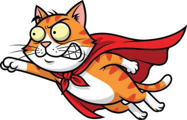 Funny superhero cat flying with red cape, cartoon animal hero illustration, powerful feline character, comic style action vector artwork