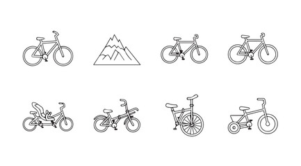 Collection of various green bicycle icons and mountain line art for eco-friendly transportation and outdoor adventure themes vector © Tanvir