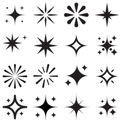 Modern sparkle starburst vector set – minimal black twinkle, retro glowing stars, celestial shine icons, radiant decorative elements for digital design, stickers, and branding