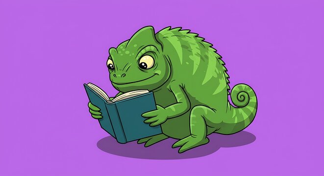 Cartoon chameleon reading a book on a purple background illustration - Powered by Adobe