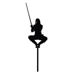 Silhouette of hooded figure sitting atop a pole holding a sword in a white background space