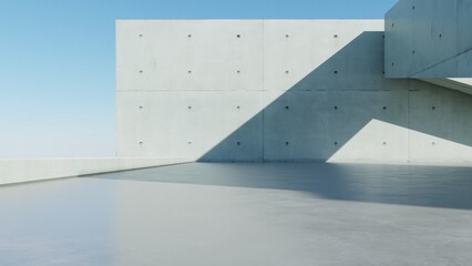 3d render of abstract modern concrete architecture background, Minimal geometry architectural design, Car presentation backdrop with empty concrete floor, Geometric white blocks building design