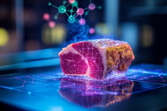 Futuristic meat analysis with digital interface and molecular structures