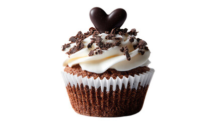 A cupcake with white frosting chocolate heart and chocolate bits on transparent background	