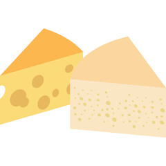 Two Wedges of Cheese One Yellow With Large Holes and One Light Beige With Small Holes Isolated on a Transparent Background