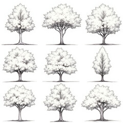 study, realistic sketch, detailed trees, park trees, different tree shapes, architectural trees, sketchbook art, line 