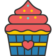 Valentine Cupcake With Pink Frosting Red Heart Decoration And Blue Wrapper On Transparent Background Flat Line Color Style
