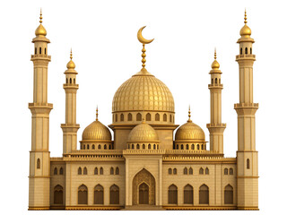 Golden Dome of Faith: A breathtaking golden mosque stands as a beacon of Islamic culture, its intricate architecture reaching toward the heavens, the symbol of crescent moon crowning its peak.