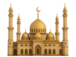 Golden Dome of Faith: A breathtaking golden mosque stands as a beacon of Islamic culture, its intricate architecture reaching toward the heavens, the symbol of crescent moon crowning its peak.