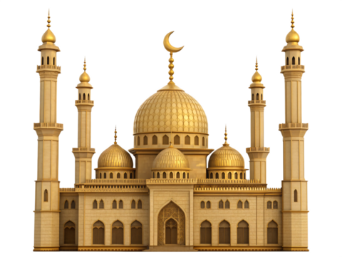 Golden Dome of Faith: A breathtaking golden mosque stands as a beacon of Islamic culture, its intricate architecture reaching toward the heavens, the symbol of crescent moon crowning its peak.
