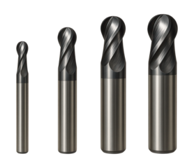 Ball nose end mill set with different diameters for 3D CNC contouring.