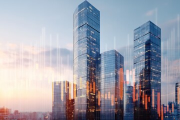 Skyscrapers with Transparent Financial Chart Overlay on Pastel Sky