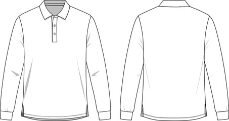 Long sleeve polo shirt technical flat sketch, fashion design template front and back view, apparel vector illustration, clothing pattern drawing, garment construction blueprint