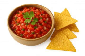 Fresh pico de gallo salsa and tortilla chips in a bowl, a vibrant mexican appetizer with transparent background